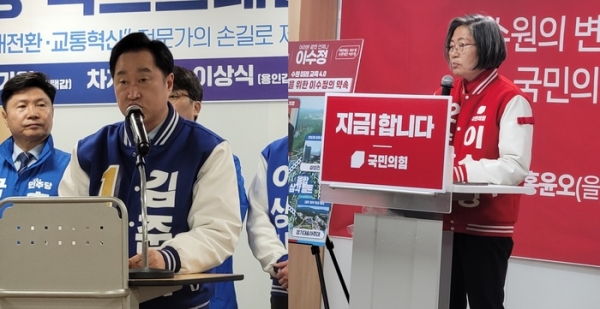 ▲ 수원시정 민주당 김준혁 후보(왼쪽)와 국민의힘 이수정 후보(오룬쪽)가 각각 수원시원팀 공동기자회견을 하고있다.
