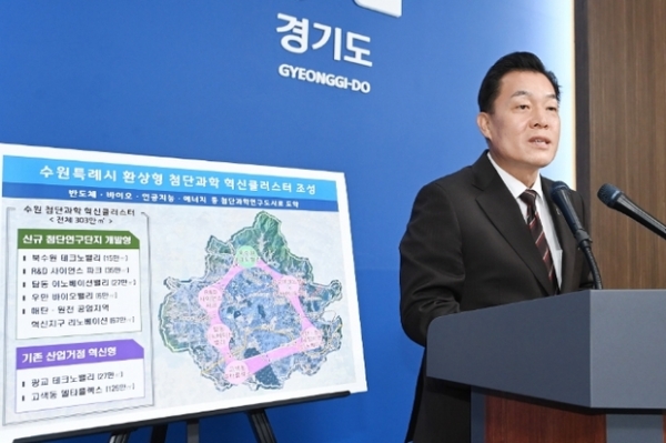 ▲ 이재준 수원시장이 경기도청에서 열린 ‘북수원 테크노밸리 개발구상 발표’에서 수원시의 첨단과학 혁신클러스터 조성계획을 설명하고 있다.
