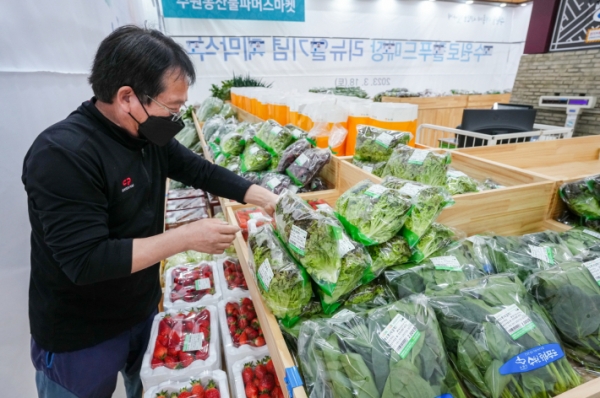 ▲질 좋은 지역 농산물을 유통하는 수원로컬푸드직매장에서 상품을 손질하고 있는 모습,