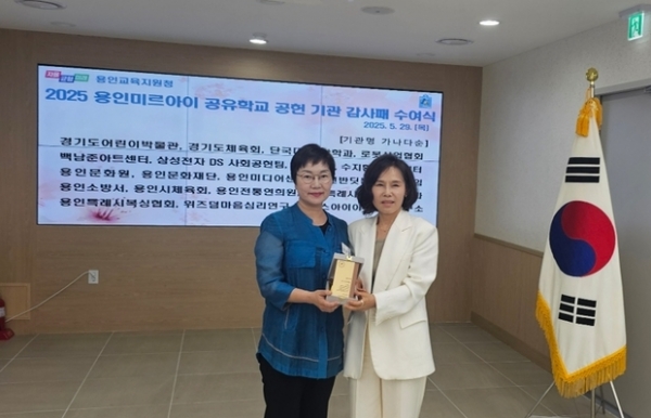 ▲ 2025 용인미르아이 공유학교 – 경기도어린이박물관 감사패 수여 사진모습,
