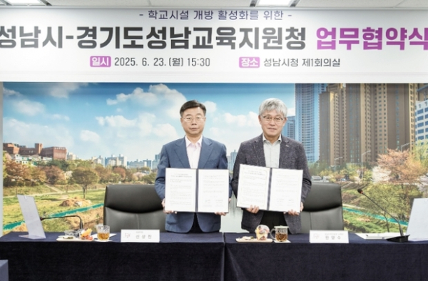 ▲ 신상진 성남시장(왼)과 한양수 경기도성남교육지원청 교육장이 ‘학교시설 개방 활성화에 관한 업무 협약서’를 들고 기념사진을 찍고 있다.